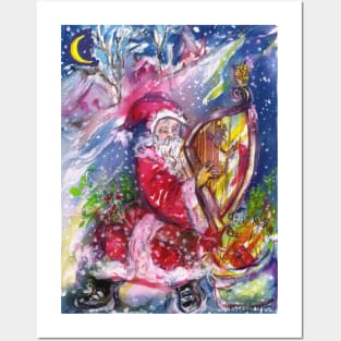 SANTA CLAUS PLAYING HARP IN MOON LIGHT Christmas Night Posters and Art